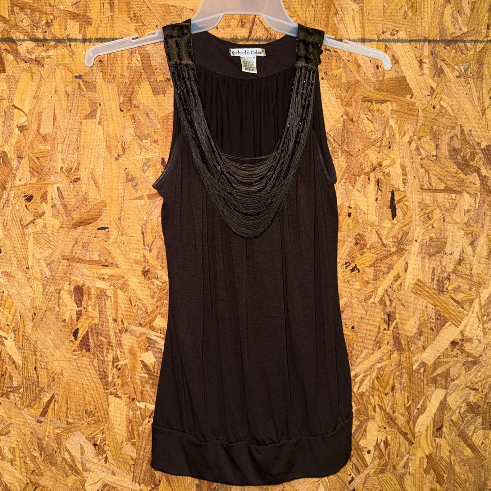 Brown Beaded Neckline Tunic Tank Top Y2K Bohemian Chic Festival Party size Small